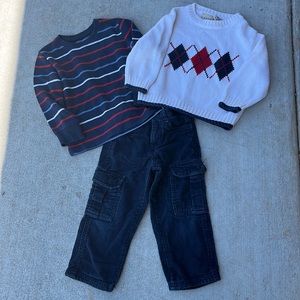 Three tea navy corduroy pants with two sweaters to match